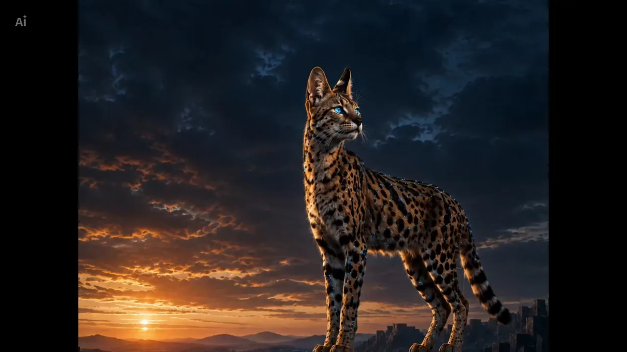 Un serval de profil sur un rocher au couchant. Un réseau de liens bleus s'allume progressivement sur son pelage et sur le paysage, reliant des points entre eux.
